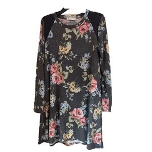 Gray Floral Knit Dress Long Sleeve‎ Pockets Pinks Blues Womens Chris and Carol M